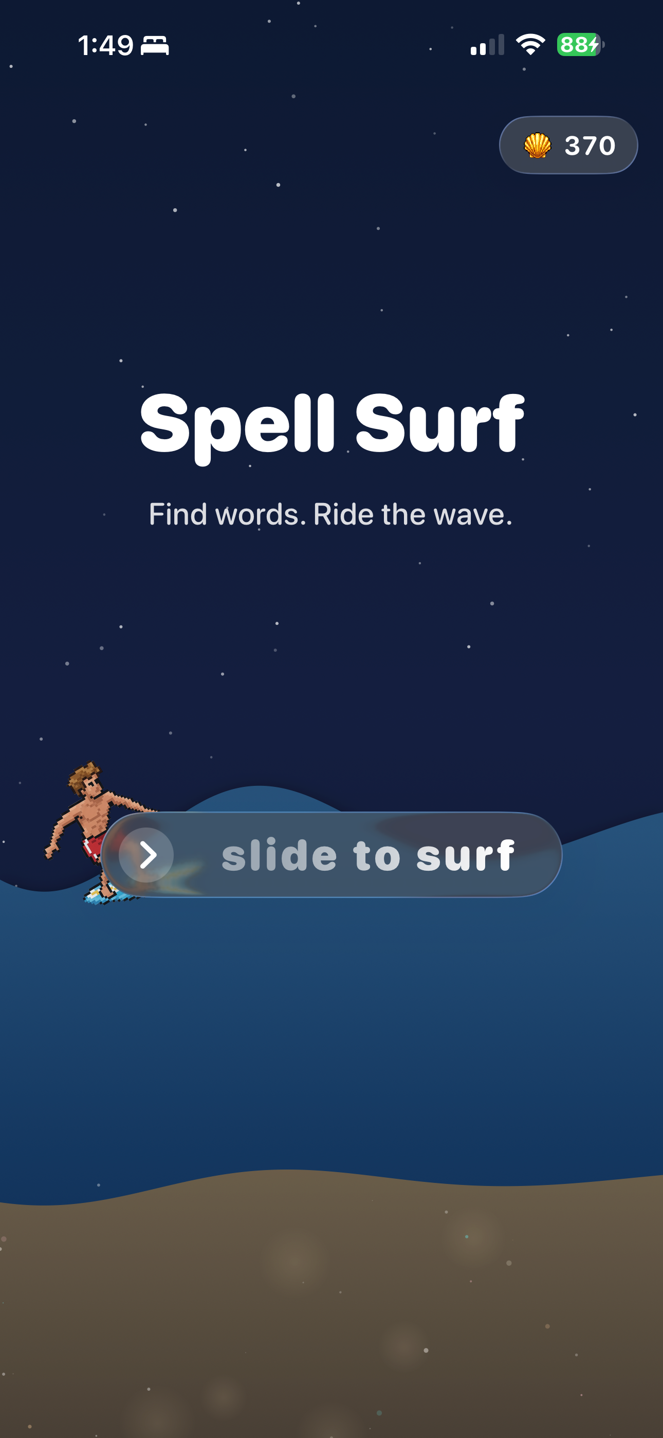 Spell Surf landing screen showing a surfer and 'slide to surf' prompt